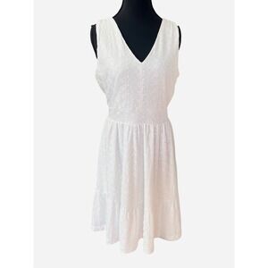 LOFT Floral Eyelet Fit & Flare Dress Women Size S White Tiered Smocked V-Neck